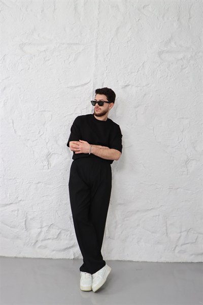 Siyah Plili Baggy Pantolon