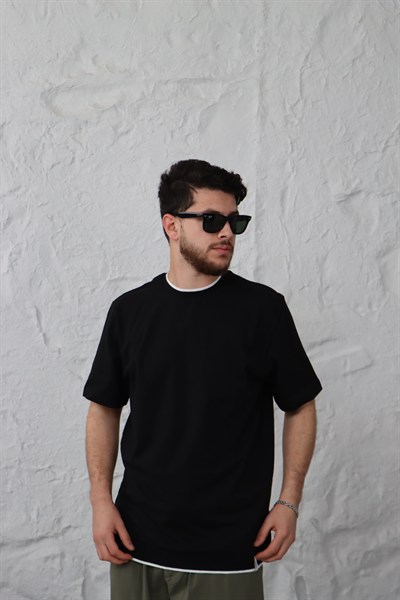 Yaka ve Etek Ucu Ribana Detaylı T-shirt Siyah