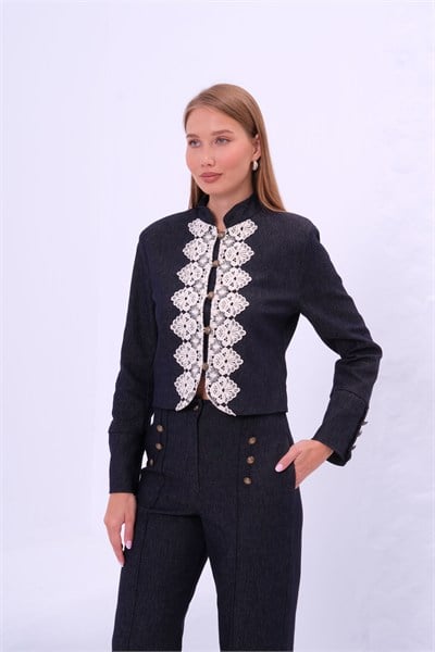 Kadın Dantel Detaylı Kot Pantolon - Ceket Takım