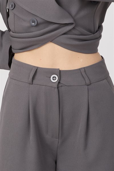 Kadın Modern Şal Detaylı Pantolon Ceket Gri Takım