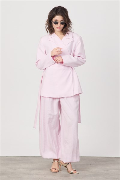 Kadın Pile ve Kemer Detaylı Pantolon Lastikli Pembe Oversize Takım
