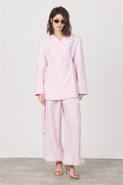 Kadın Pile ve Kemer Detaylı Pantolon Lastikli Pembe Oversize Takım