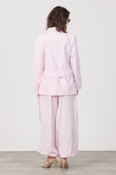 Kadın Pile ve Kemer Detaylı Pantolon Lastikli Pembe Oversize Takım