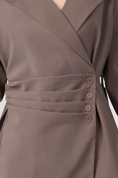 Kadın Pile ve Kemer Detaylı Pantolon Lastikli Kahverengi Oversize Takım