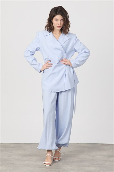 Kadın Pile ve Kemer Detaylı Pantolon Lastikli Mavi Oversize Takım