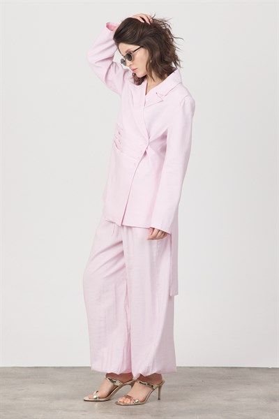 Kadın Pile ve Kemer Detaylı Pantolon Lastikli Pembe Oversize Takım