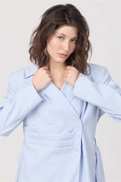 Kadın Pile ve Kemer Detaylı Pantolon Lastikli Mavi Oversize Takım