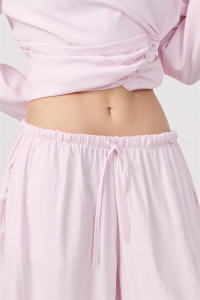 Kadın Pile ve Kemer Detaylı Pantolon Lastikli Pembe Oversize Takım