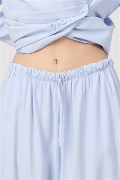 Kadın Pile ve Kemer Detaylı Pantolon Lastikli Mavi Oversize Takım