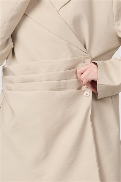 Kadın Pile ve Kemer Detaylı Pantolon Lastikli Bej Oversize Takım