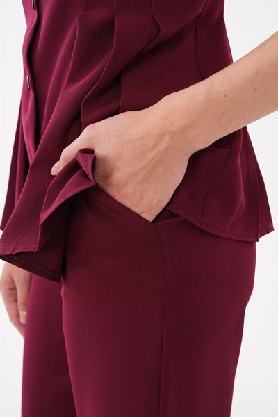 Kadın Pilise Detaylı Bordo Yelek Pantolon Takım