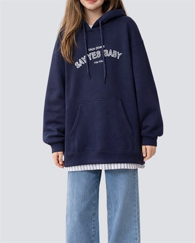 Kapüşonlu Bağcıklı Çizgi Detaylı Lacivert Uzun Sweatshirt