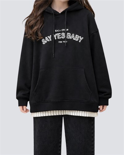 Kapüşonlu Bağcıklı Çizgi Detaylı Siyah Uzun Sweatshirt