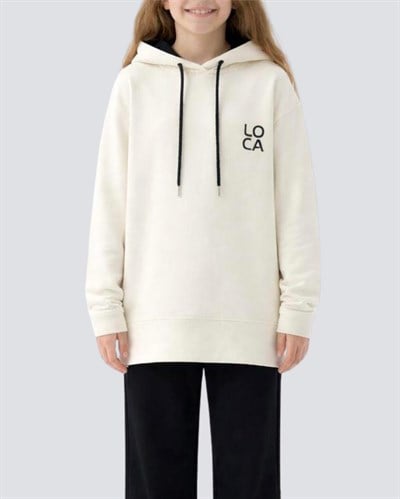 LOCA Baskılı Kapüşonlu Beyaz Uzun Sweatshirt