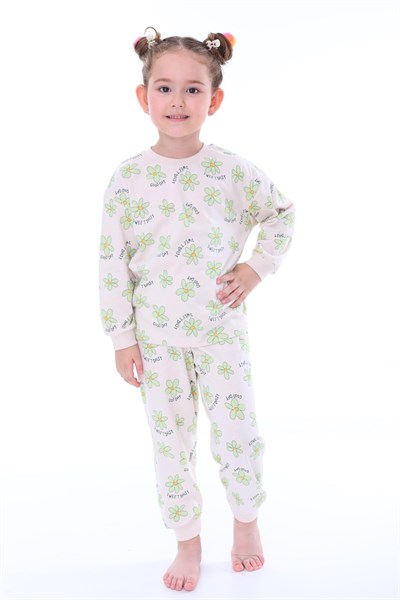 %100 Pamuk Çiçek Desenli Uzun Kollu Kız Çocuk Pijama Takımı (3,4,5,6,7,8 YAŞ)