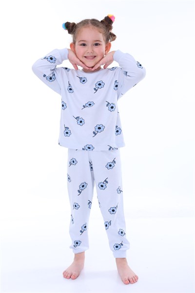 %100 Pamuk Çiçek Desenli Uzun Kollu Penye Kumaş Kız Çocuk Pijama Takımı (3,4,5,6,7,8 YAŞ)