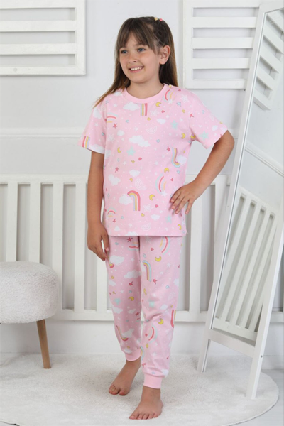 %100 Pamuk Gökkuşağı Desenli Kısa Kollu Manşetli Paça Kız Çocuk Pijama Takımı 3-8 Yaş