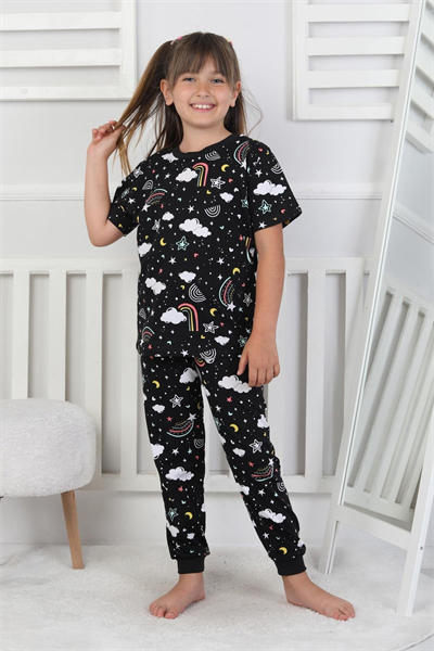 %100 Pamuk Gökkuşağı Desenli Kısa Kollu Manşetli Paça Kız Çocuk Pijama Takımı 3-8 Yaş
