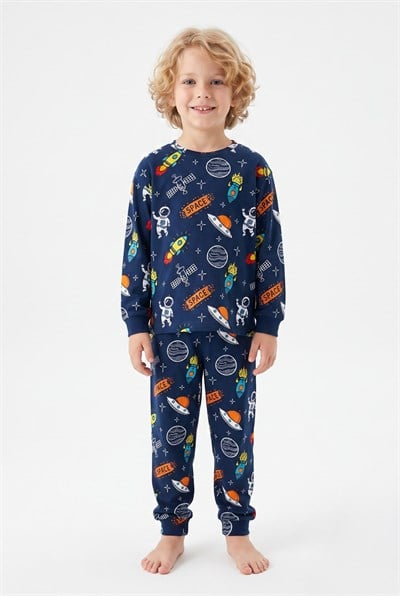 %100 Pamuk Interlok Kumaş Erkek Çocuk Pijama Takımı Lacivert Uzay Roket Ve Gezegen Desenli