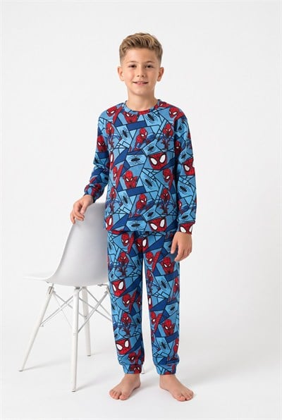 %100 Pamuk Interlok Kumaş Erkek Çocuk Pijama Takımı Mavi Kırmızı Çizgi Serüven Desenli Penye