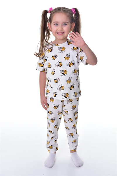 %100 pamuk interlok kumaş kısa kollu minnie mause desenli yazlık kız çocuk pijama takımı
