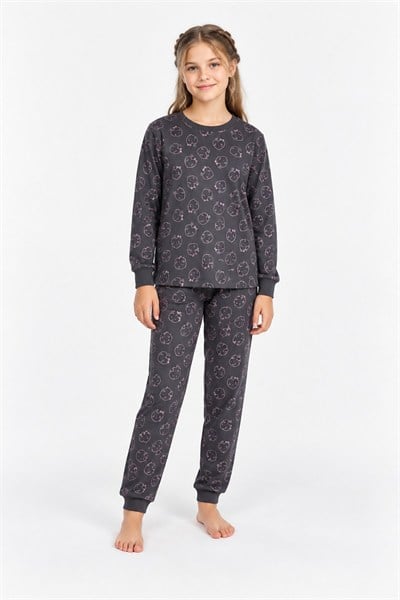 %100 Pamuk Interlok Kumaş Kız Çocuk Pijama Takımı Füme Pembe Sevimli Kalp Desenli Penye