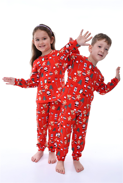 %100 Pamuk Interlok Kumaş Unisex Kız Ve Erkek Çocuk Yılbaşı Pijama Takımı Kırmızı Noel Temalı