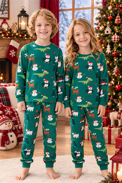 %100 Pamuk Interlok Kumaş Unisex Kız Ve Erkek Çocuk Yılbaşı Pijama Takımı Yeşil Noel Temalı