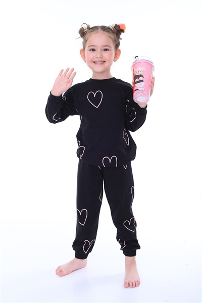 %100 Pamuk Kalp Desenli Uzun Kollu Siyah Kız Çocuk Pijama Takımı (3,4,5,6,7,8 YAŞ)