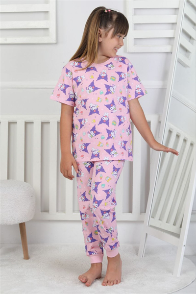 %100 Pamuk Pembe Desenli Kısa Kollu Manşetli Paça Kız Çocuk Pijama Takımı 3-8 Yaş