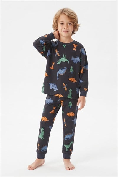 %100 Pamuk Süprem Erkek Çocuk Pijama Takımı Füme Renkli Dinozor Desenli Penye Uyku Seti