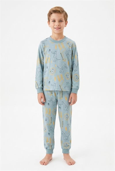 %100 Pamuk Süprem Erkek Çocuk Pijama Takımı Mavi Sevimli Hayvanlar Desenli Penye Set