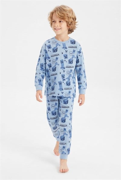 %100 Pamuk Süprem Erkek Çocuk Pijama Takımı Mavi Piksel Desenli Gamer Temalı Penye