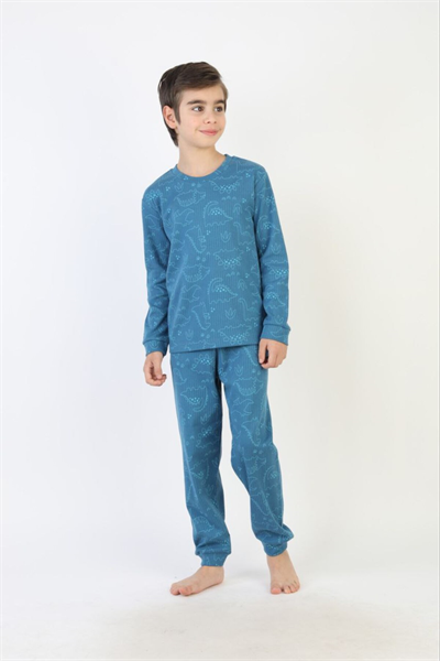 8-13 Yaş Erkek Çocuk %100 Pamuklu Fitilli İnterlok Kumaş Dinozor Desenli Pijama Takımı