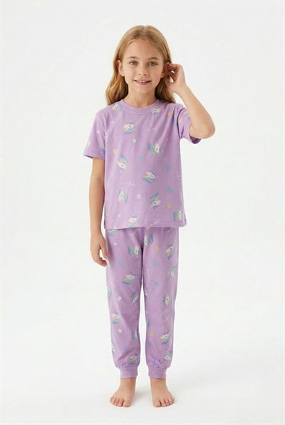 Bunnyhopp Kız Çocuk Pijama Takımı %100 Pamuk Unicorn Desenli Yazlık Kısa Kollu