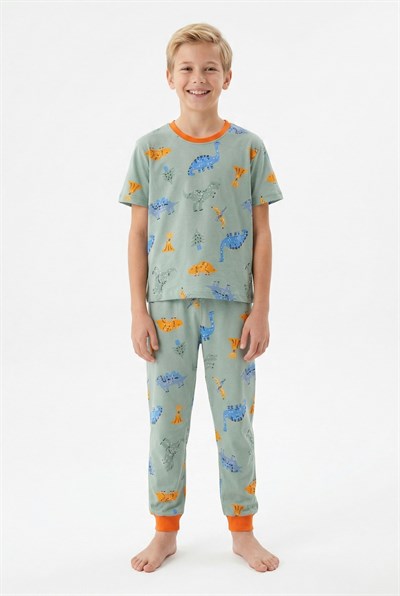 Bunnyhopp Yazlık Kısa Kollu Dinazor Desenli Erkek Çocuk Pijama Takımı - %100 Pamuklu Yeşil Set
