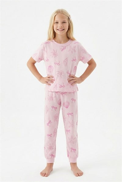 Deniz Temalı Kısa Kollu Kız Çocuk Pijama Takımı - %100 Pamuklu Pembe Takım