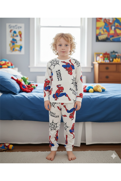Desenli Erkek Çocuk Pijama Takımı %100 Pamuk Mevsimlik Bisiklet Yaka Manşetli