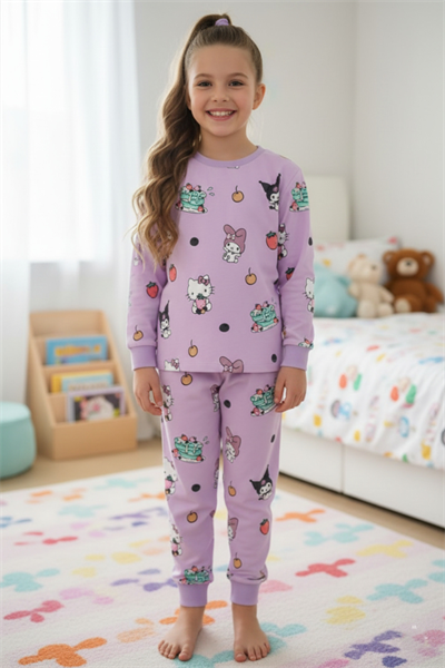 Desenli Kız Çocuk Pijama Takımı %100 Pamuk Mevsimlik Bisiklet Yaka Manşetli