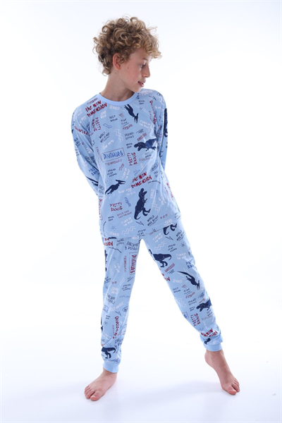 Dinozor Desenli %100 Pamuklu Erkek Çocuk Pijama Takımı - Mavi Penye Mevsimlik Takım