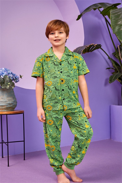 Dinozor Desenli Yazlık Erkek Çocuk Pijama Takımı - Düğmeli Gömlek Yakalı %100 Pamuklu Takım