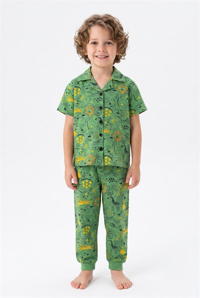 Dinozor Desenli Yazlık Erkek Çocuk Pijama Takımı - Düğmeli Gömlek Yakalı %100 Pamuklu Takım