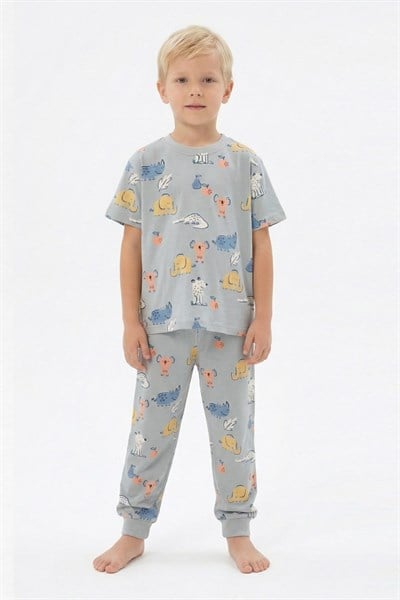 Erkek Çocuk %100 Pamuk Süprem Pijama Takımı - Kısa Kollu Manşetli Yazlık Pijama - Gri Hayvan Desenli