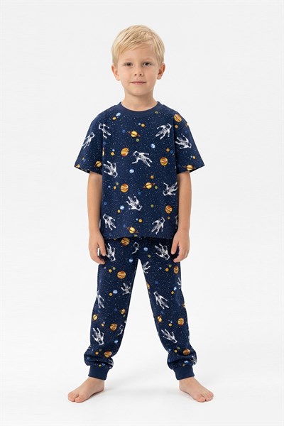 Erkek Çocuk %100 Pamuk Uzay ve Astronot Desenli Pijama Takımı - Kısa Kollu Manşetli Lacivert