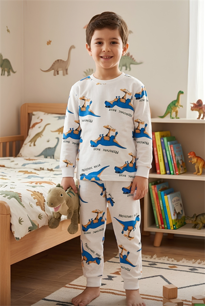 Erkek Çocuk Dinozor Desenli Pijama Takımı %100 Pamuk Beyaz Uzun Kollu Ev Giyimi