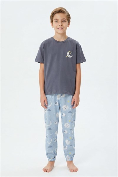 Erkek Çocuk Pijama Takımı %100 Pamuk Ay ve Yıldız Nakışlı Yazlık Kısa Kollu
