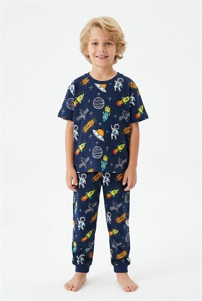 Erkek Çocuk Uzay Temalı Kısa Kollu Yazlık Pijama Takımı %100 Pamuk