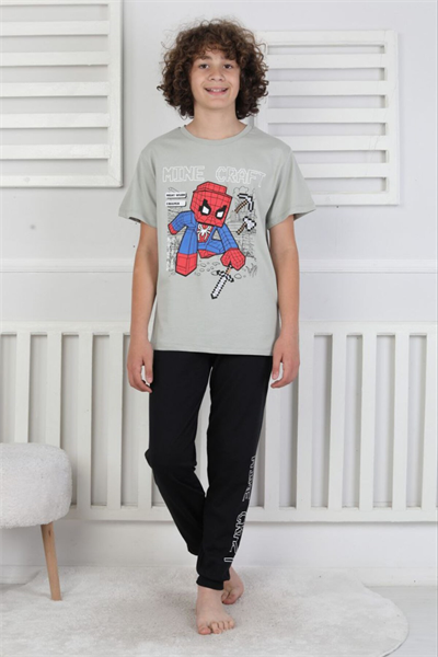 Erkek Çocuk Yazlık Kısa Kollu Baskılı Pijama Takımı %100 Pamuk 8-13 Yaş
