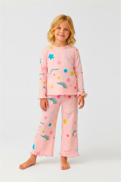 Gökkuşağı Desenli %100 Pamuklu Kız Çocuk Pijama Takımı - Toka Aksesuarlı Mevsimlik Takım