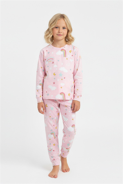 Gökkuşağı Desenli %100 Pamuklu Kız Çocuk Pijama Takımı - İnterlok Kumaş Takım
